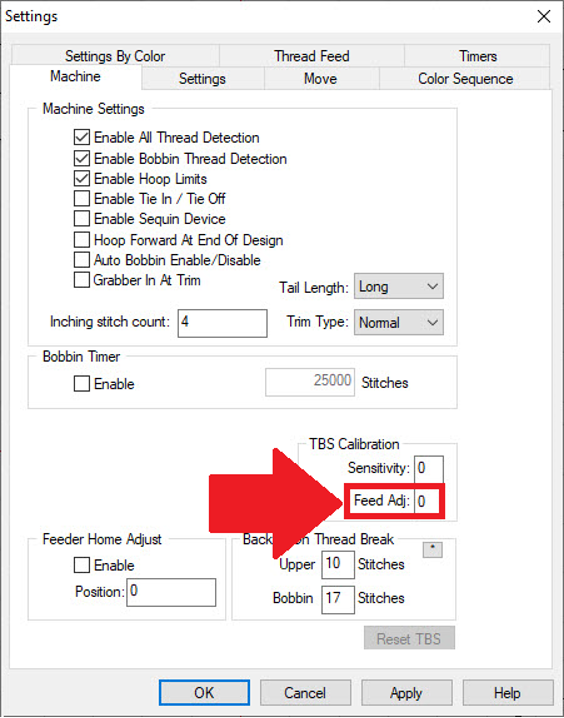 How to correctly set the thread feed calibration